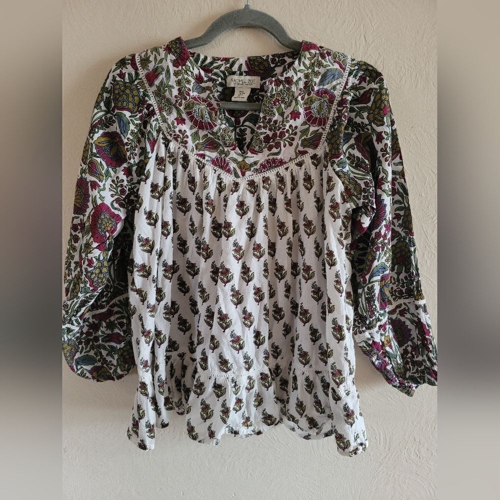 Rachel Zoe Boho Floral Cotton Peasant Blouse, Size Small